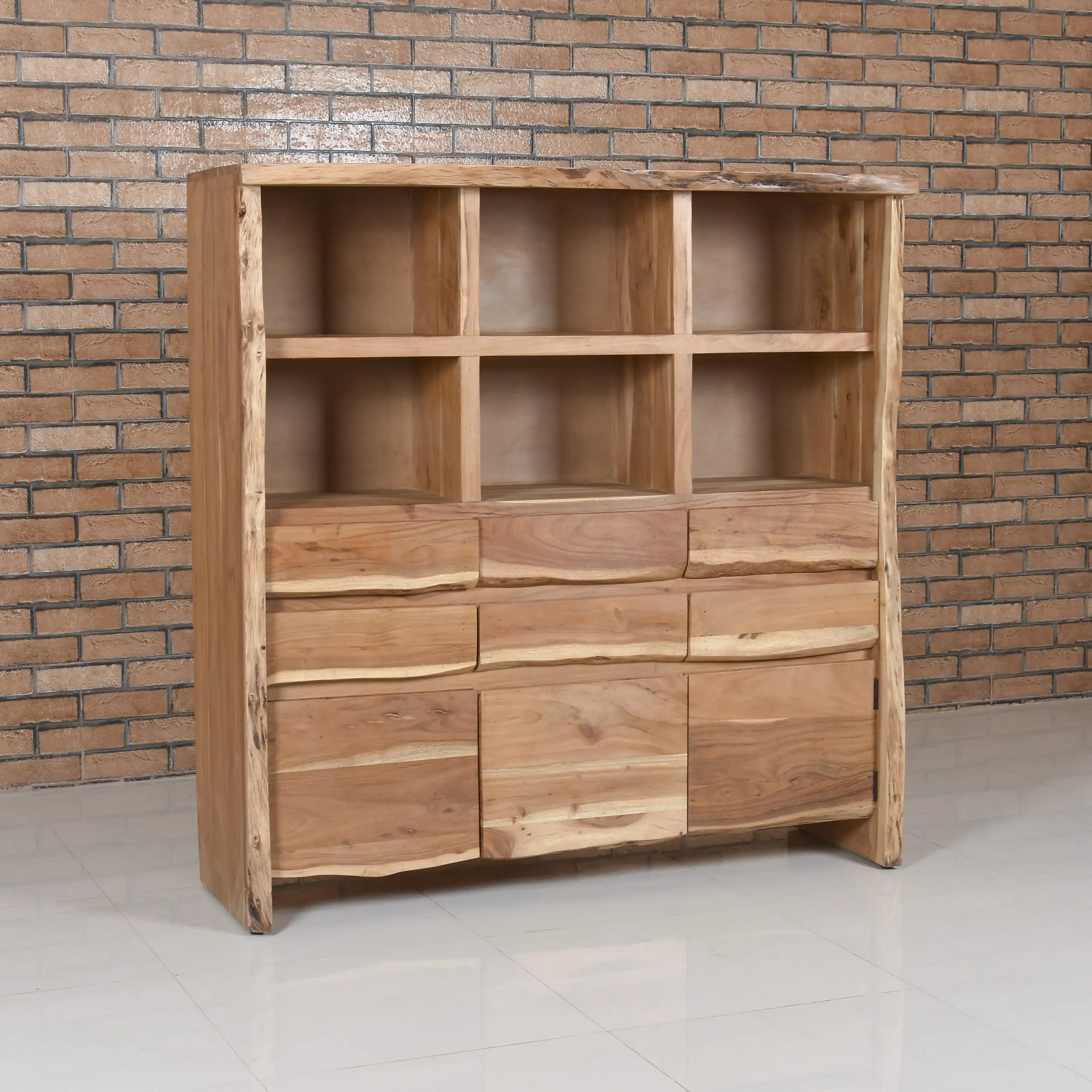 Wooden Live Edge Cabinet with 4 Drawers & 10 Open Shelves - popular handicrafts
